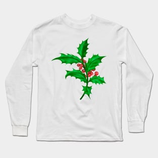 Holly Branches with Red Berries Green Long Sleeve T-Shirt